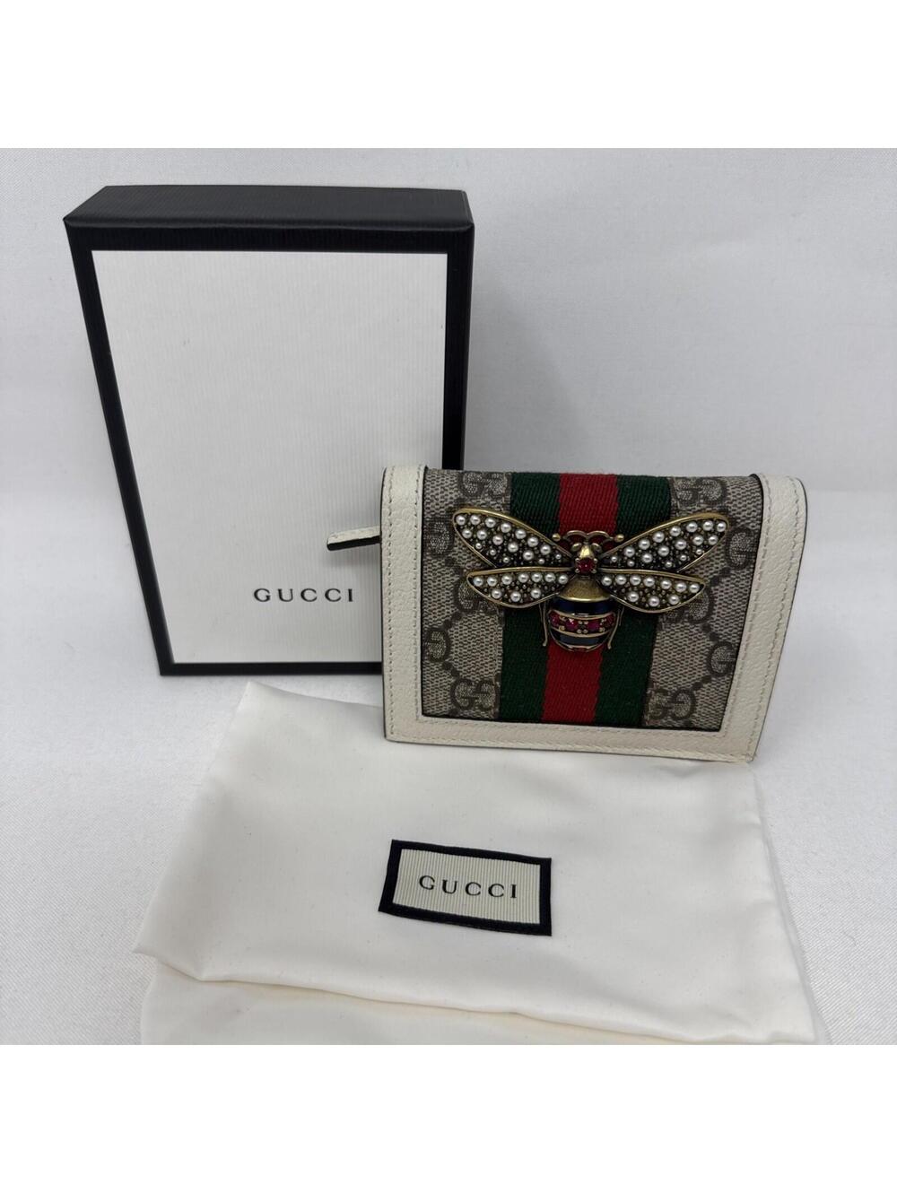 Gucci Bee Cream Queen Margaret GG Leather Folding Wallet NWOT